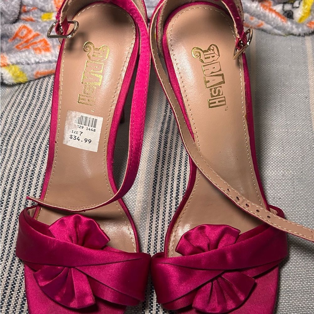Brash Hot Pink Satin Bow Heeled Sandals Women's Size 7 Fuchsia Formal Stilettos
